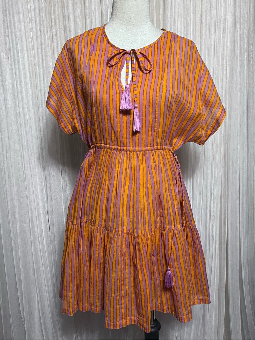 Oliphant Short Sleeve Tasseled Striped Dress Size XS